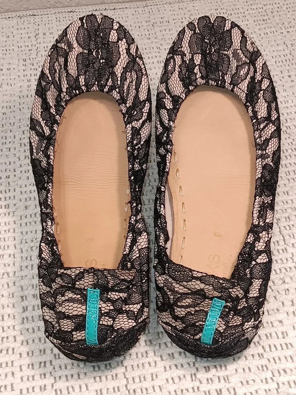Tieks women's 'Nude Lace' black floral lace overlay leather ballet flats sz 9